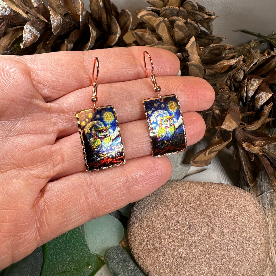 Starry Night Owl Copper Earrings
