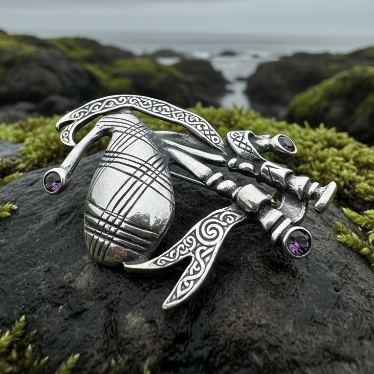 Bagpipes Crystal Brooch in pewter