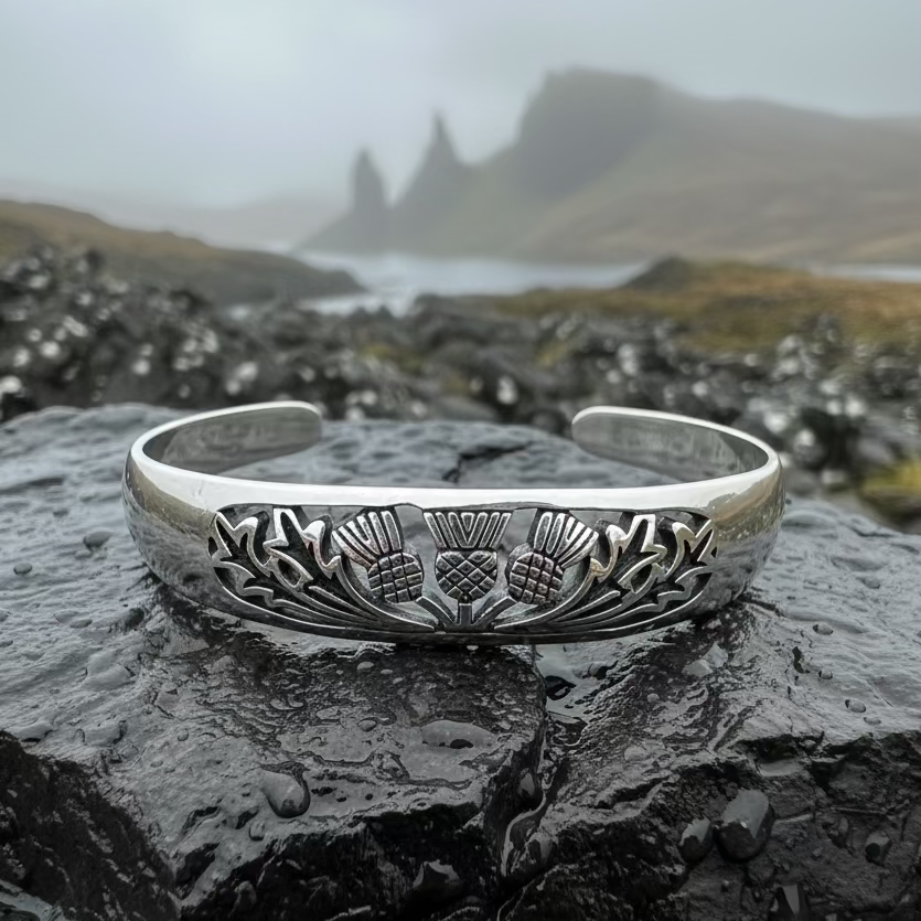 Scottish Triple Thistle Cuff Bracelet in pewter