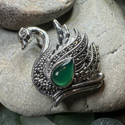 Load image into Gallery viewer, Eala Marcasite Swan Brooch in Sterling Silver
