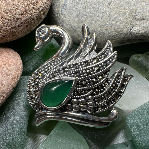 Load image into Gallery viewer, Eala Marcasite Swan Brooch in Sterling Silver
