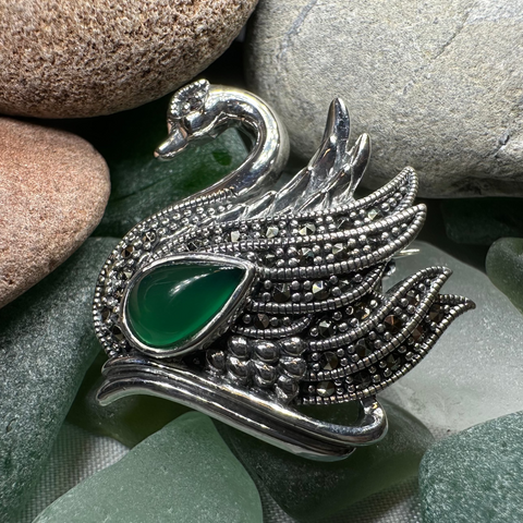 Load image into Gallery viewer, Eala Marcasite Swan Brooch in Sterling Silver

