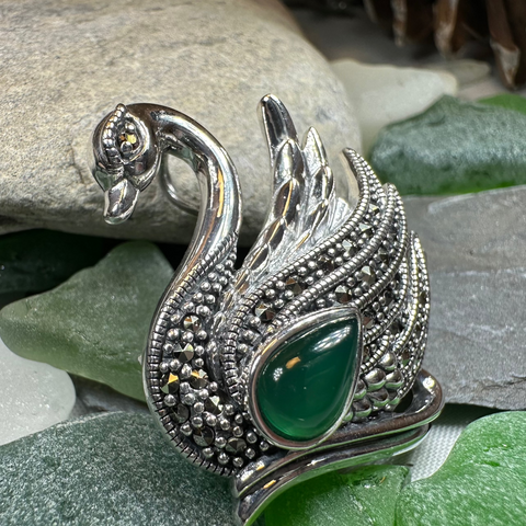 Load image into Gallery viewer, Eala Marcasite Swan Brooch in Sterling Silver
