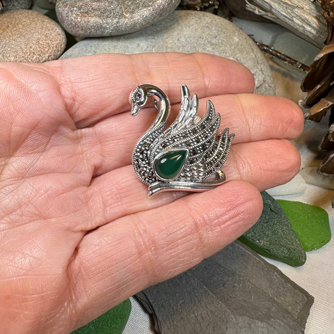 Load image into Gallery viewer, Eala Marcasite Swan Brooch in Sterling Silver
