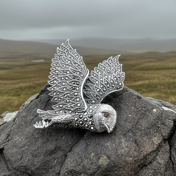 Breena Marcasite Owl Necklace & Brooch in silver