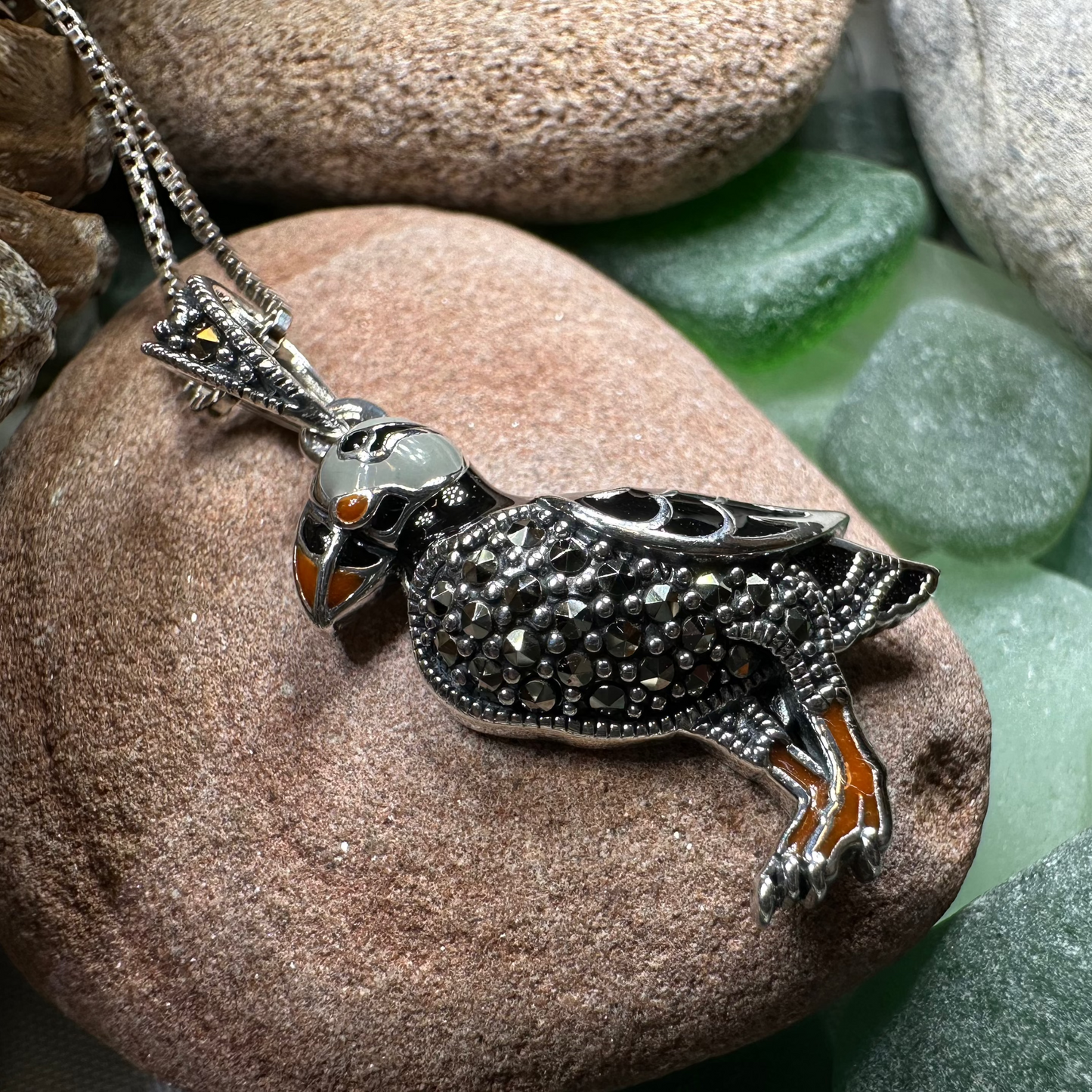 Coastal Puffin Marcasite Necklace in Sterling Silver