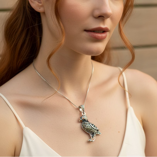 Coastal Puffin Marcasite Necklace in Sterling Silver