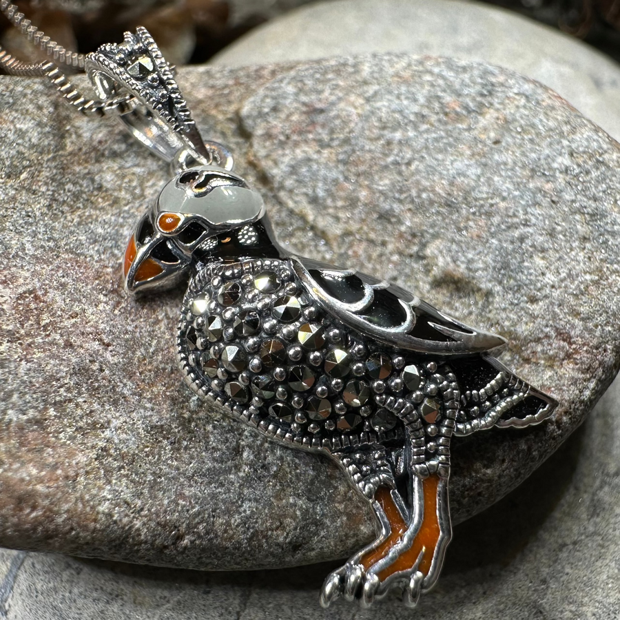 Coastal Puffin Marcasite Necklace in Sterling Silver
