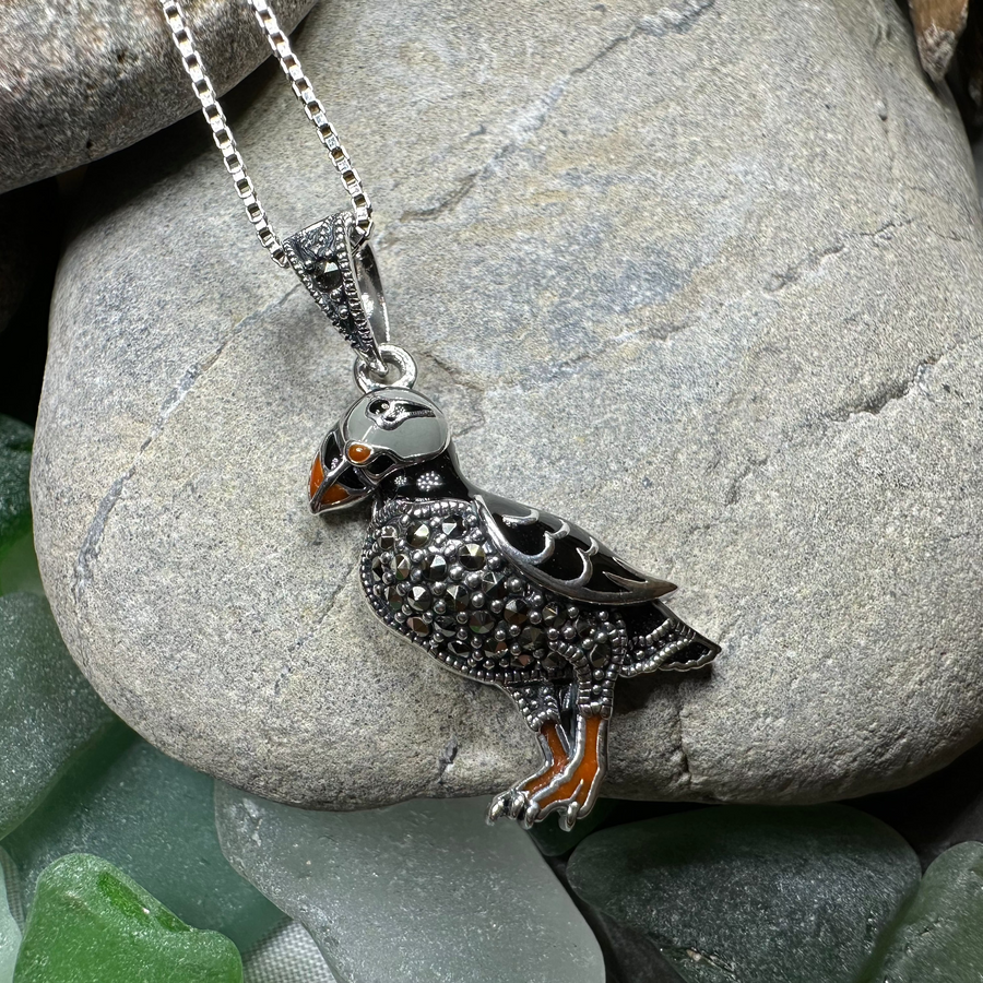 Coastal Puffin Marcasite Necklace in Sterling Silver