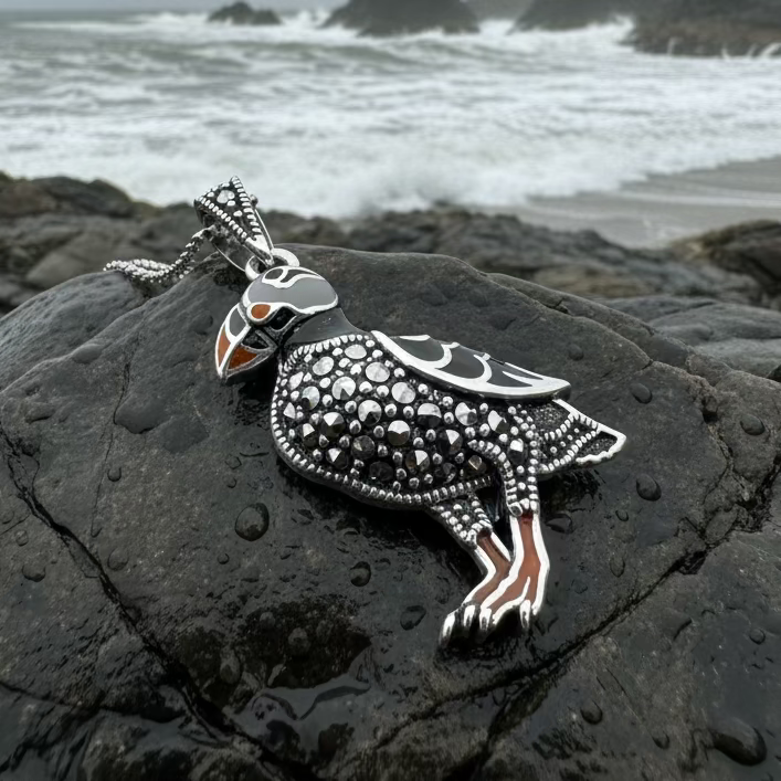 Coastal Puffin Marcasite Necklace in Sterling Silver