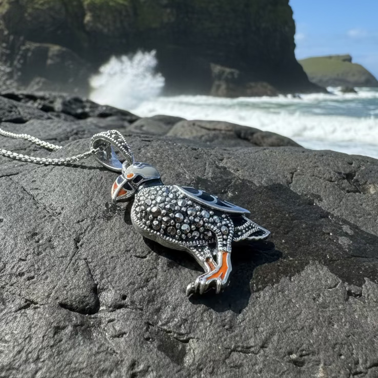 Coastal Puffin Marcasite Necklace in Sterling Silver