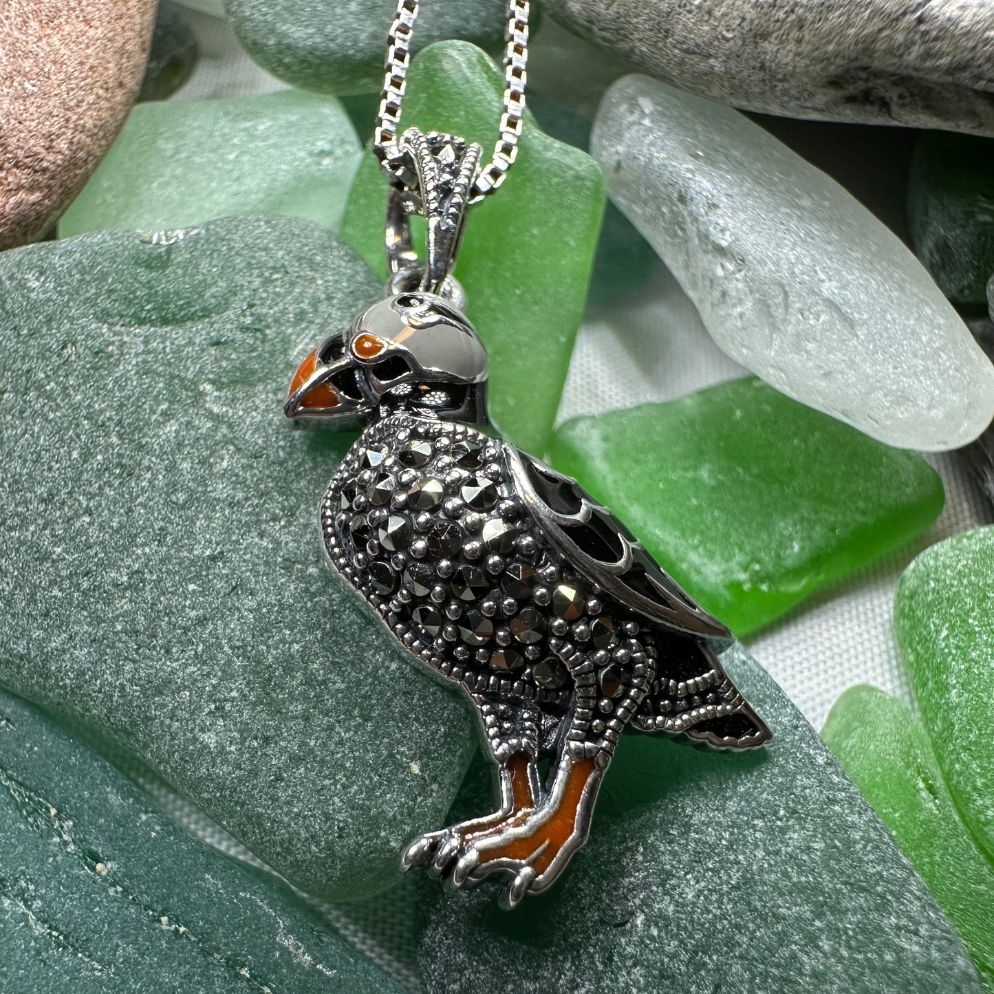 Coastal Puffin Marcasite Necklace in Sterling Silver