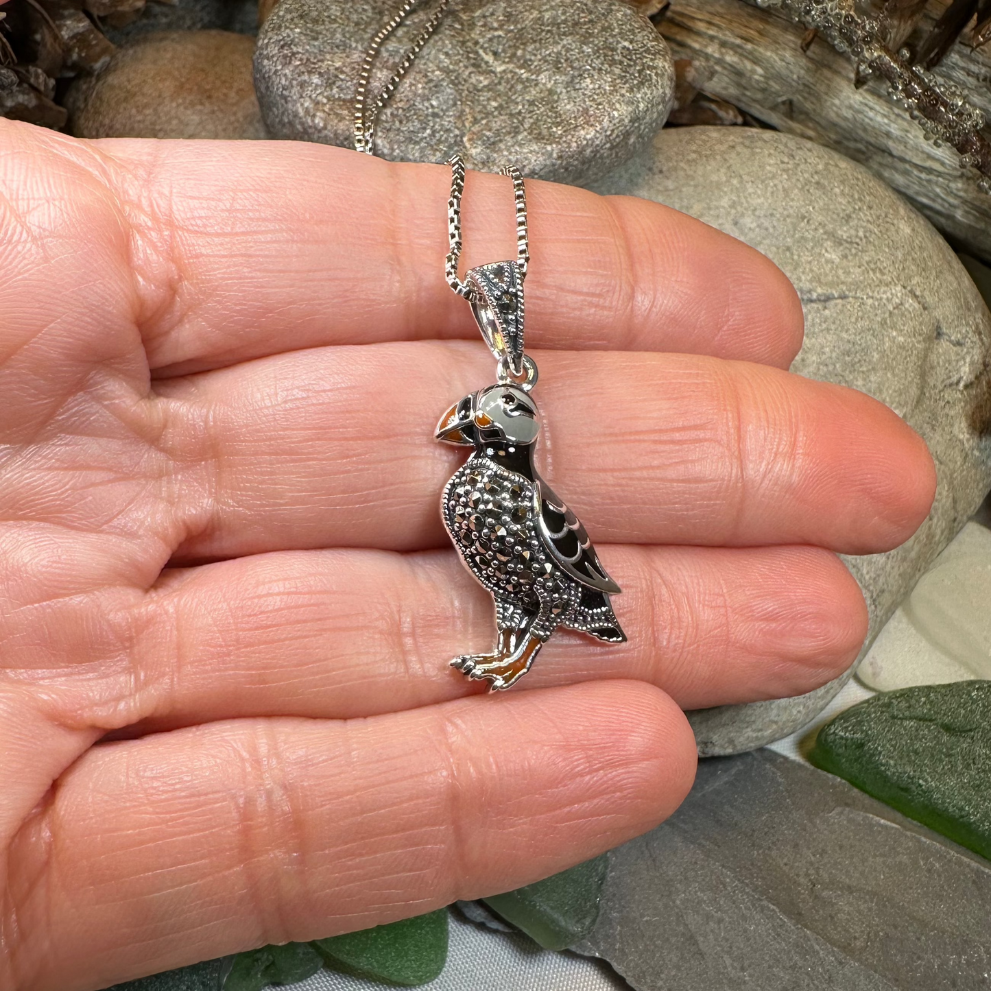 Coastal Puffin Marcasite Necklace in Sterling Silver