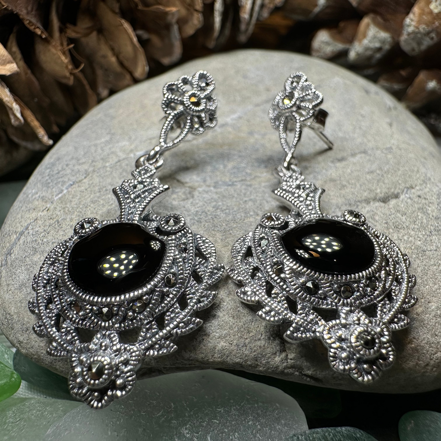 Royal Onyx Marcasite Earrings — view 2