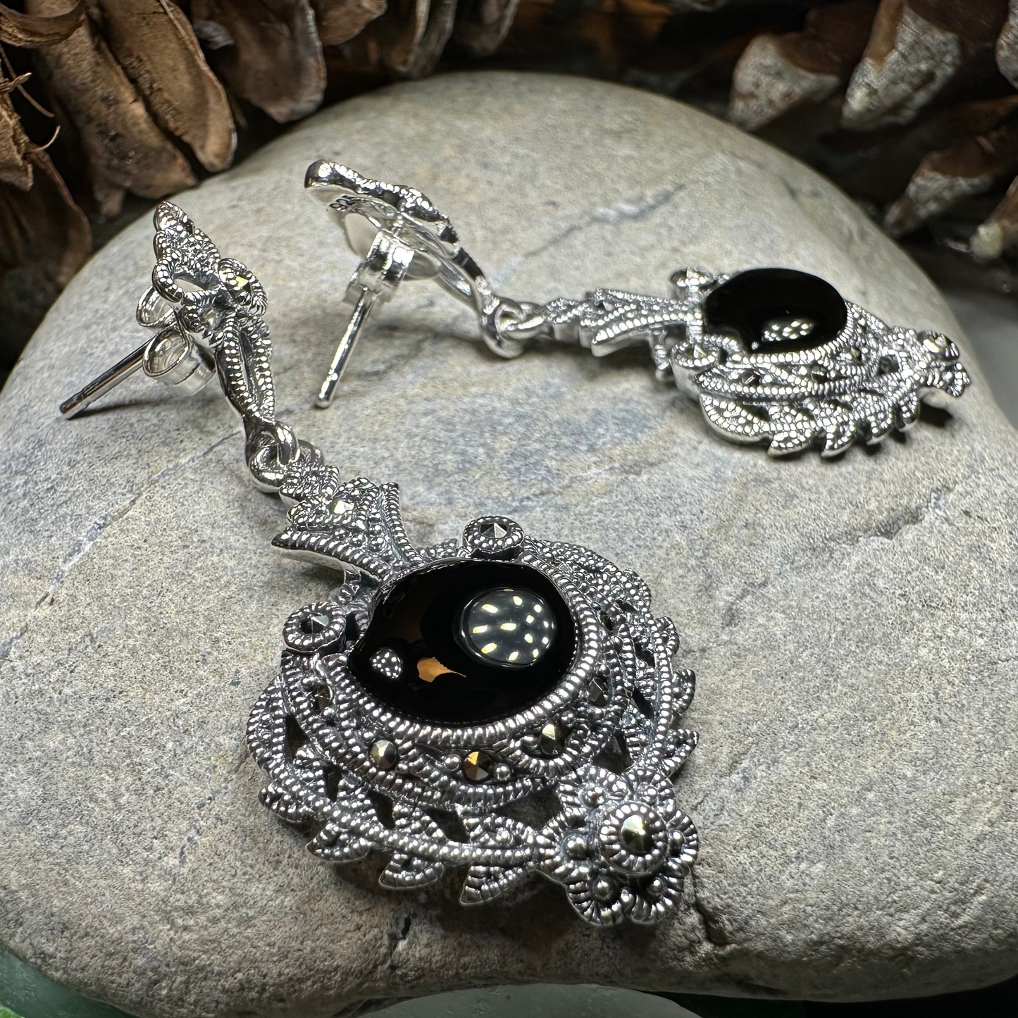Royal Onyx Marcasite Earrings — view 3