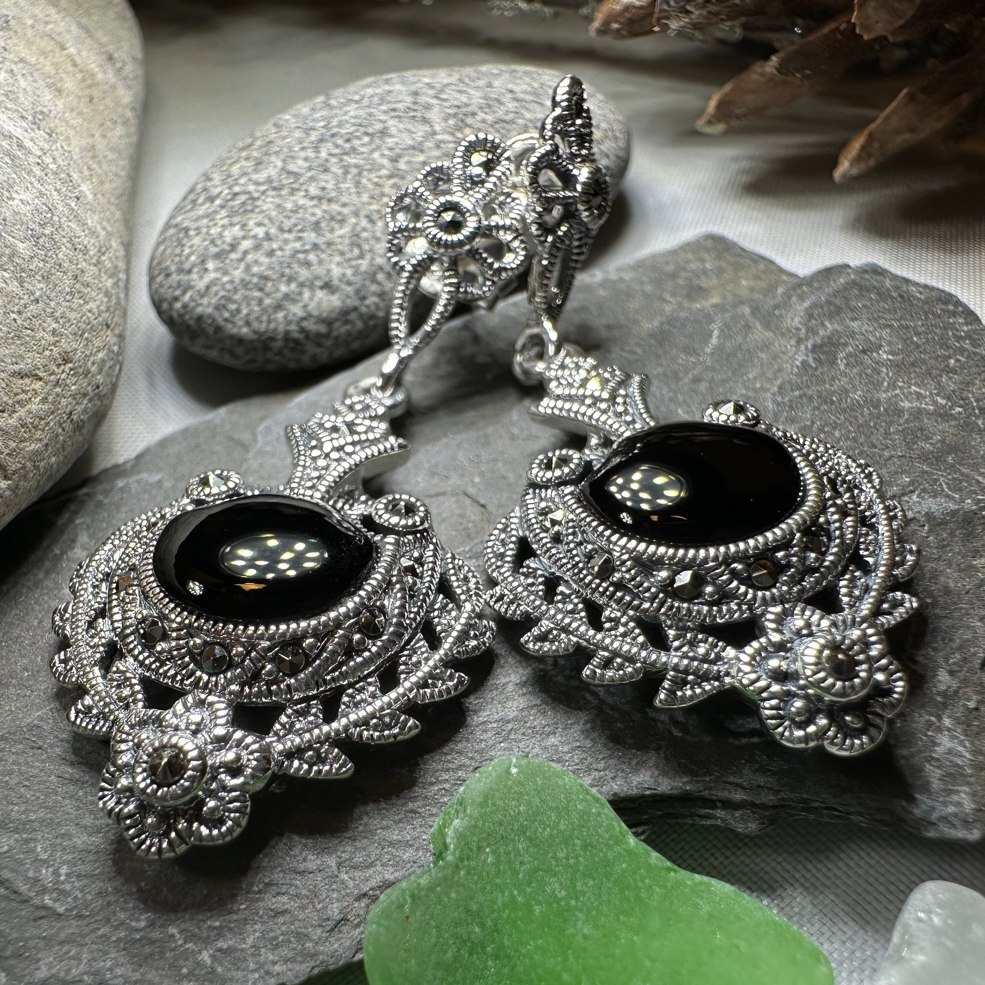 Royal Onyx Marcasite Earrings — view 5