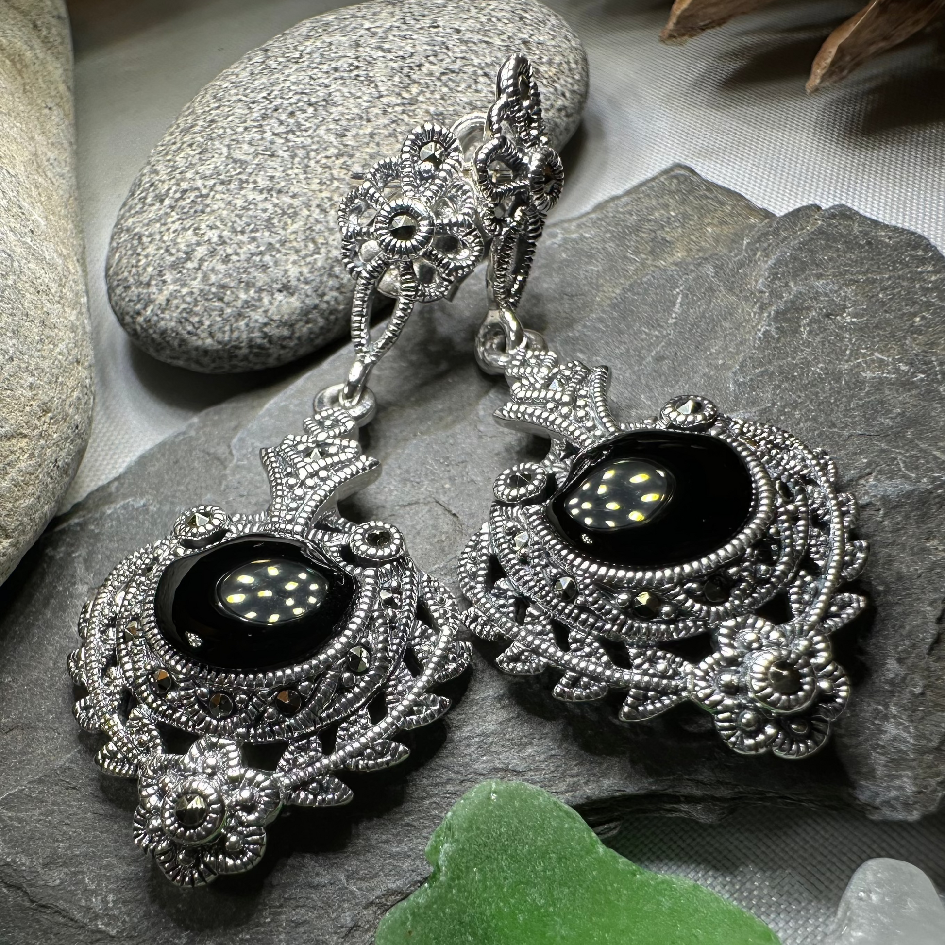 Royal Onyx Marcasite Earrings in sterling silver
