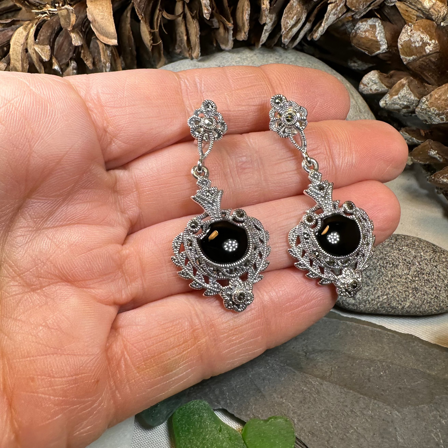 Royal Onyx Marcasite Earrings — view 4