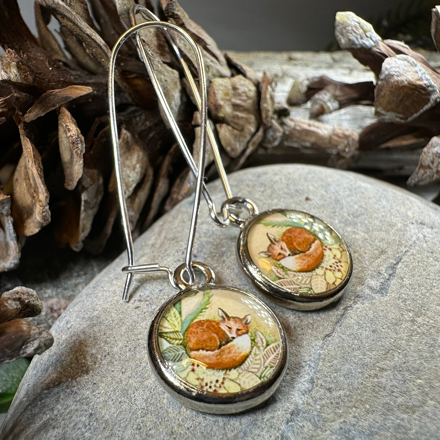 Autumn Nap Fox Earrings in copper
