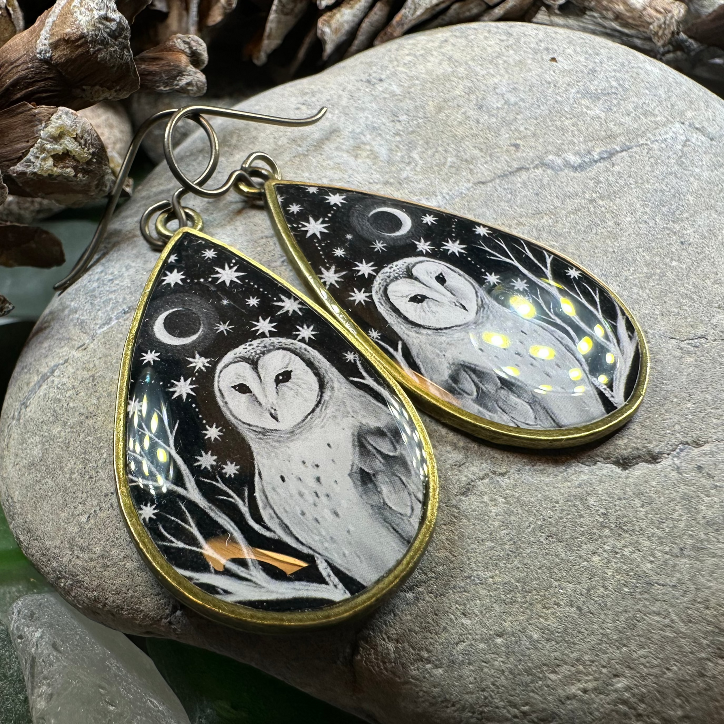 Night Sky Barn Owl Earrings — view 3