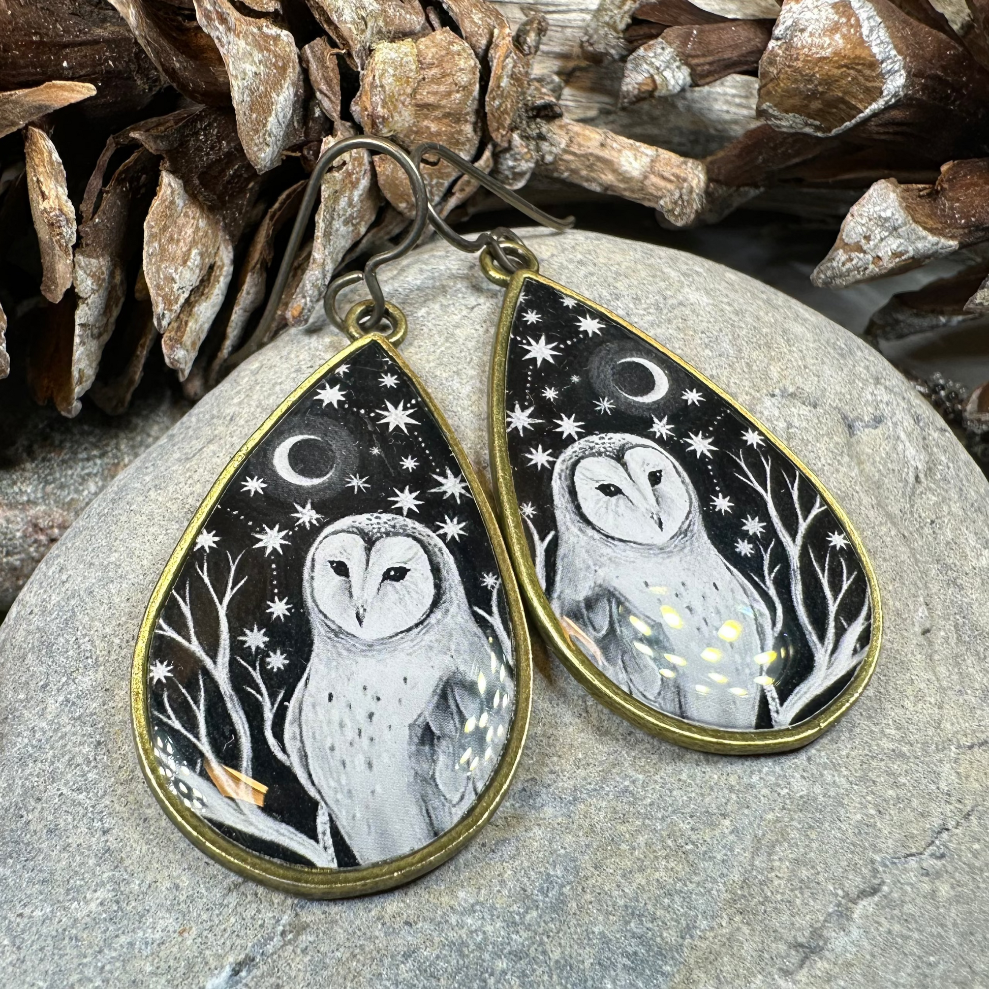 Night Sky Barn Owl Earrings — view 5