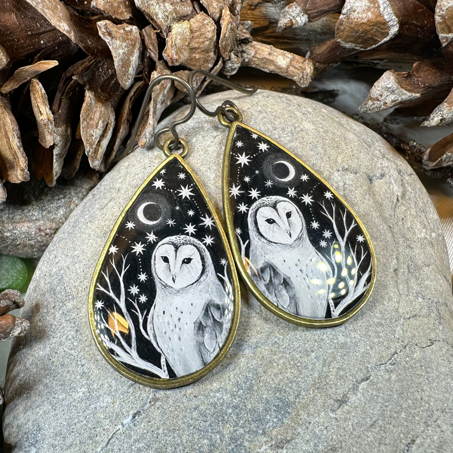 Night Sky Barn Owl Earrings — view 2