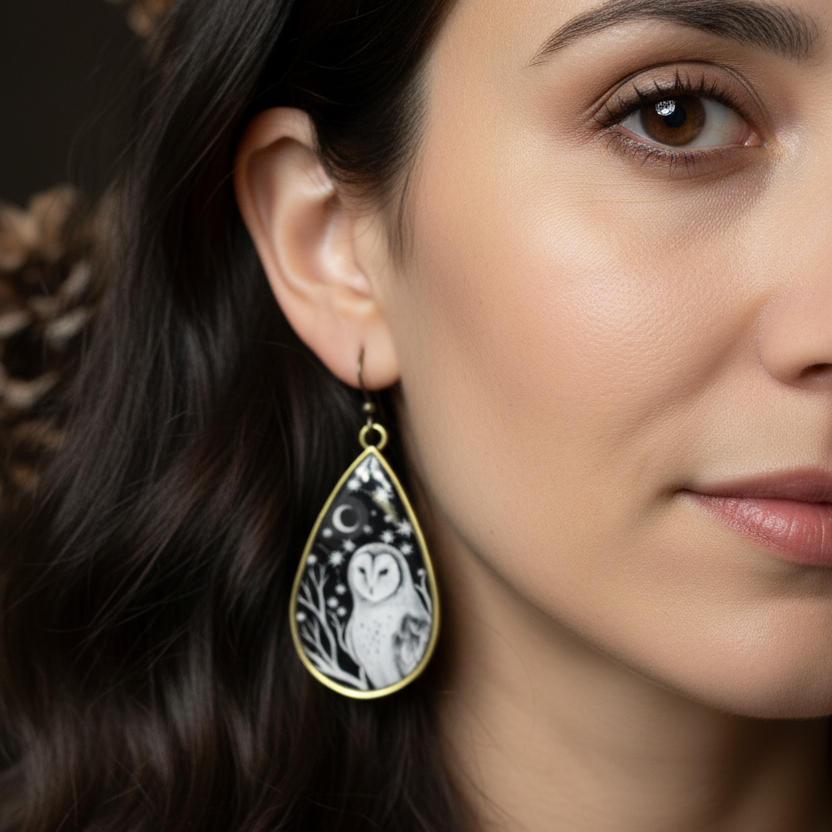 Night Sky Barn Owl Earrings - Handmade in the USA