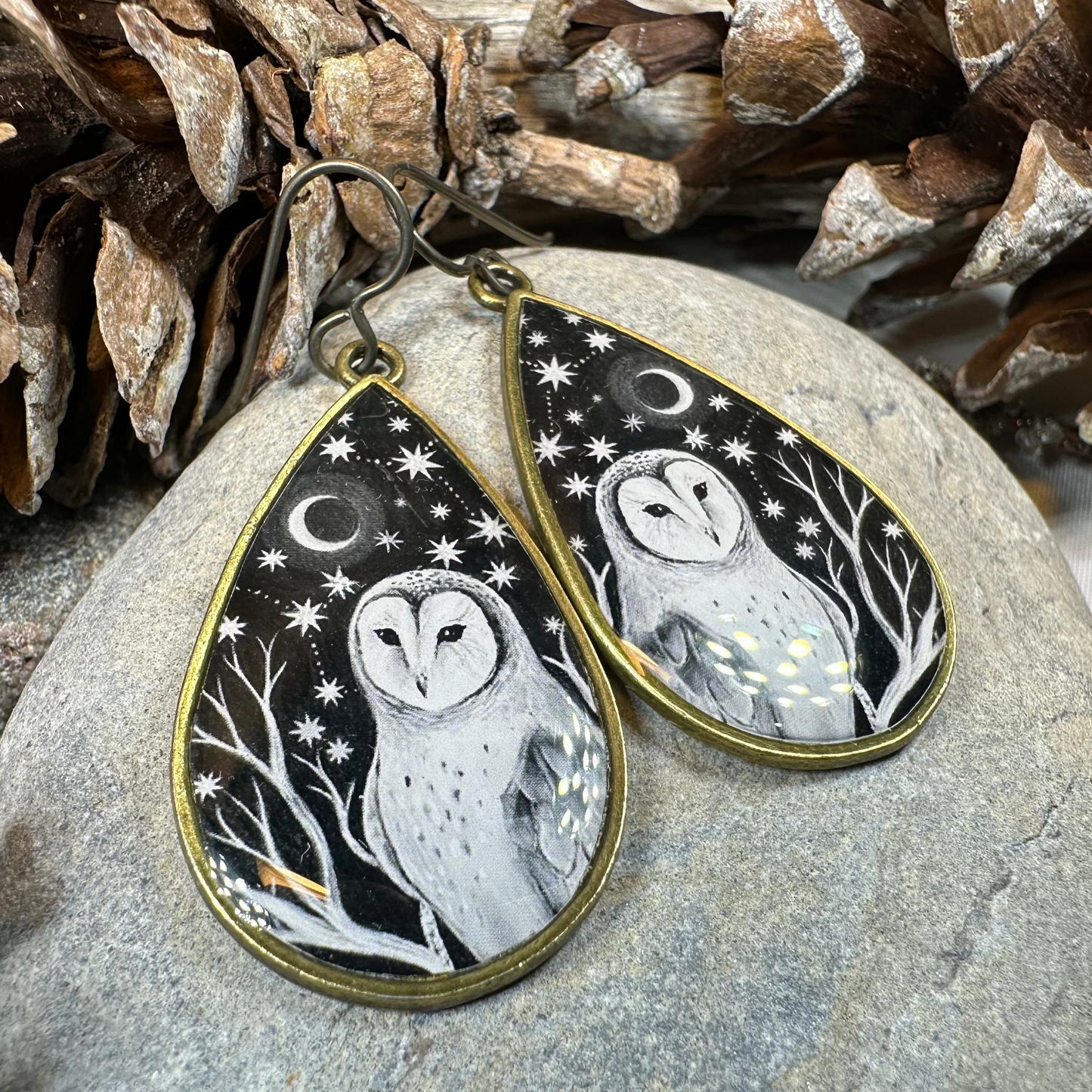 Night Sky Barn Owl Earrings in silver
