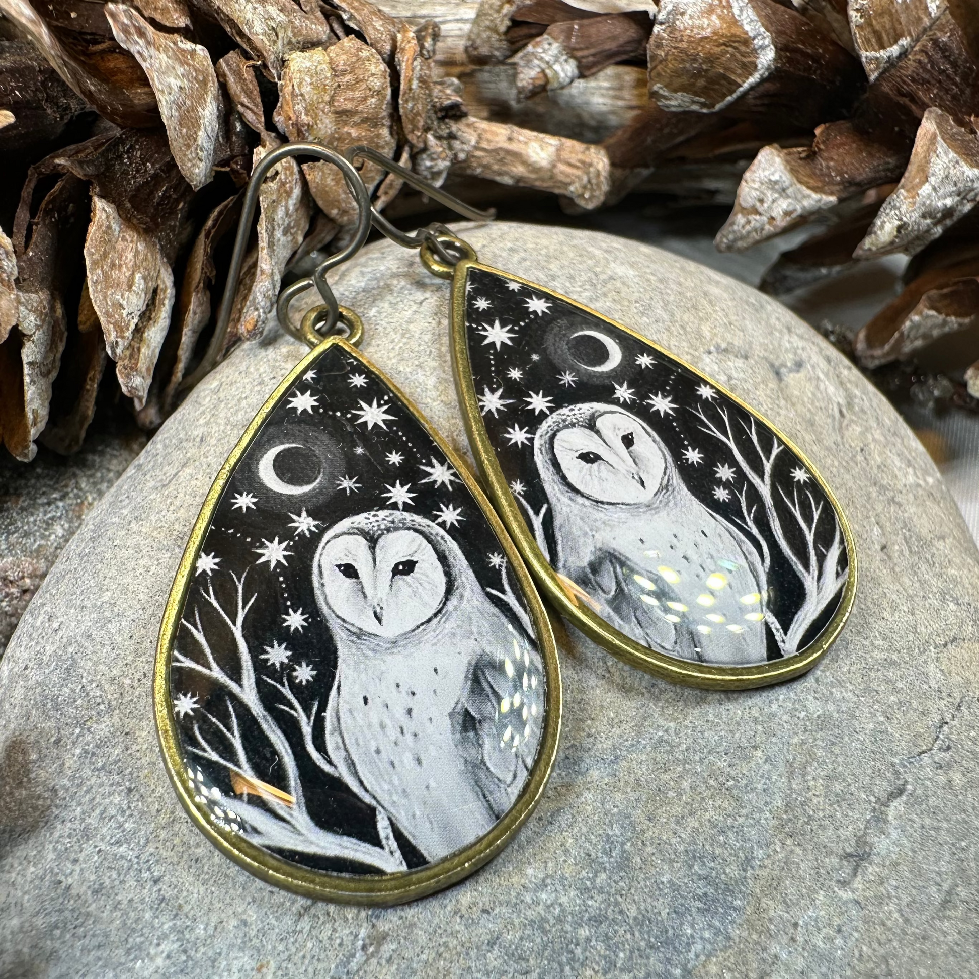 Night Sky Barn Owl Earrings in silver