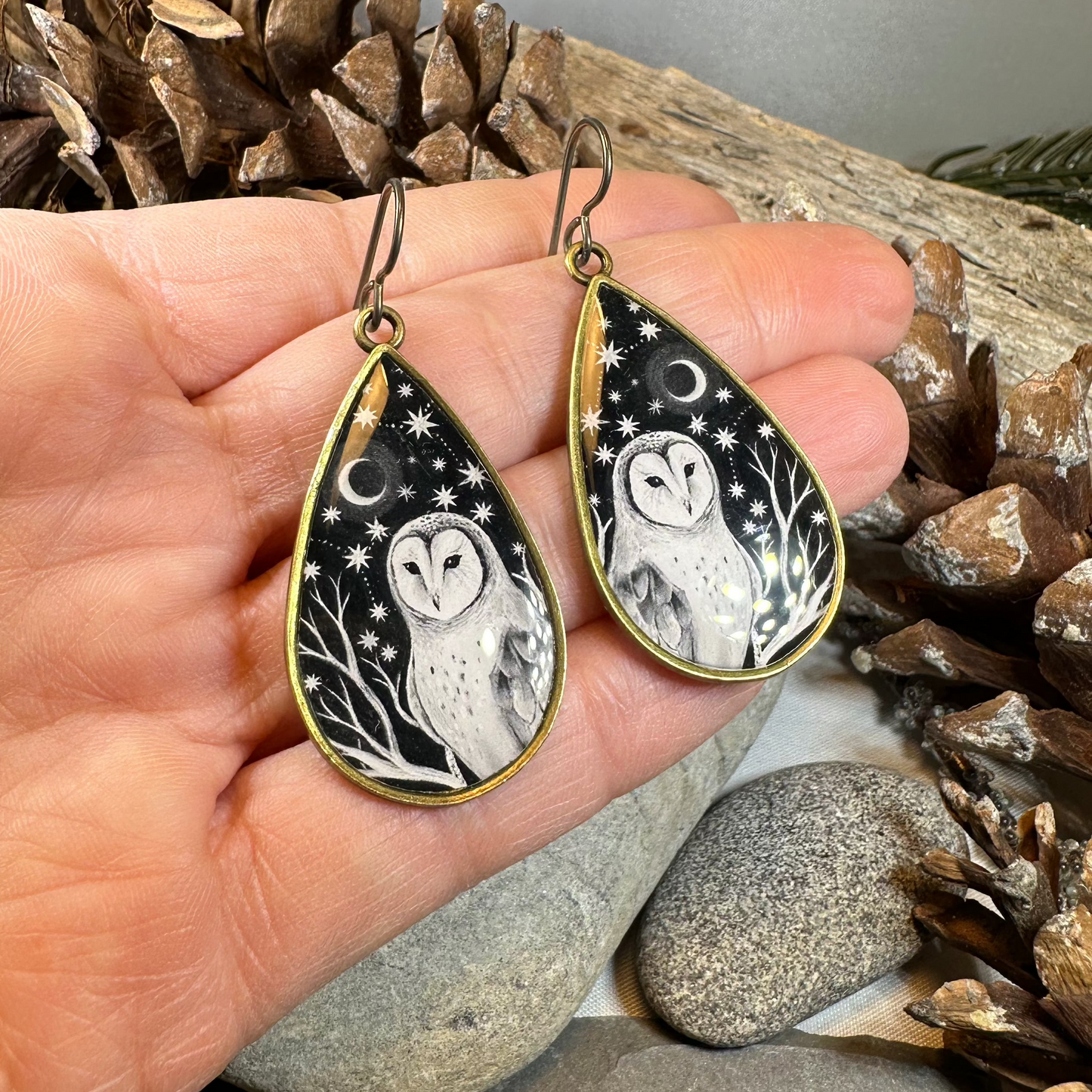 Night Sky Barn Owl Earrings — view 4