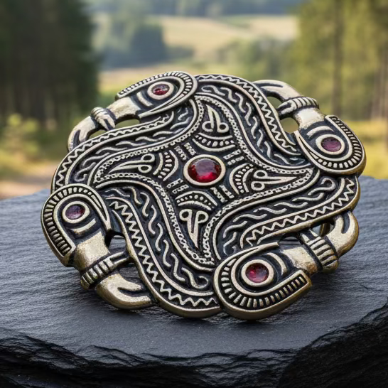 Merovingian Red Bird Brooch - Bronze Historical Reproduction Pin in gold