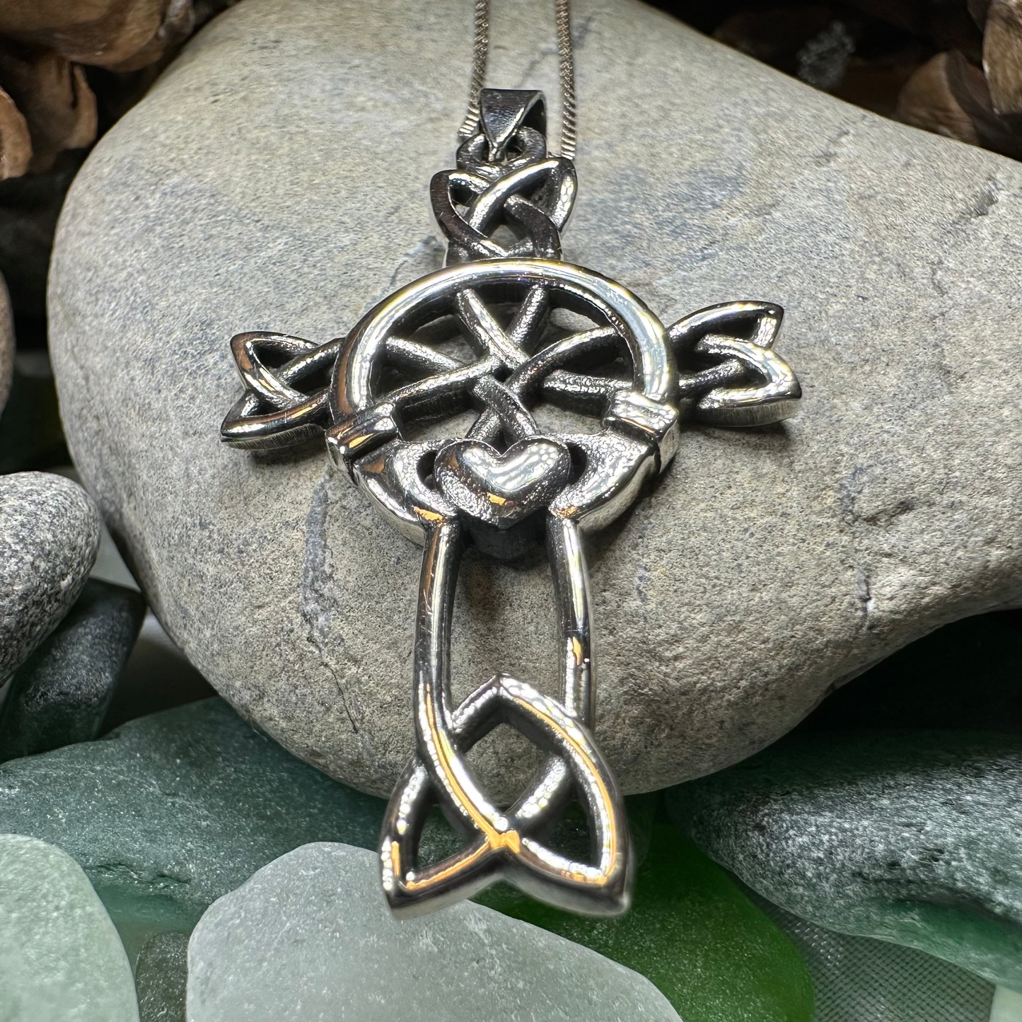 Mo Ghrá Claddagh Celtic Cross in sterling silver