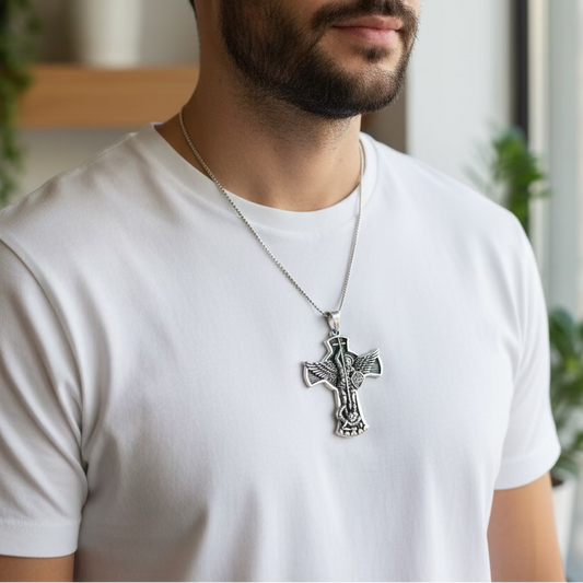 Large Saint Michael Cross Pendant in Sterling Silver — view 3