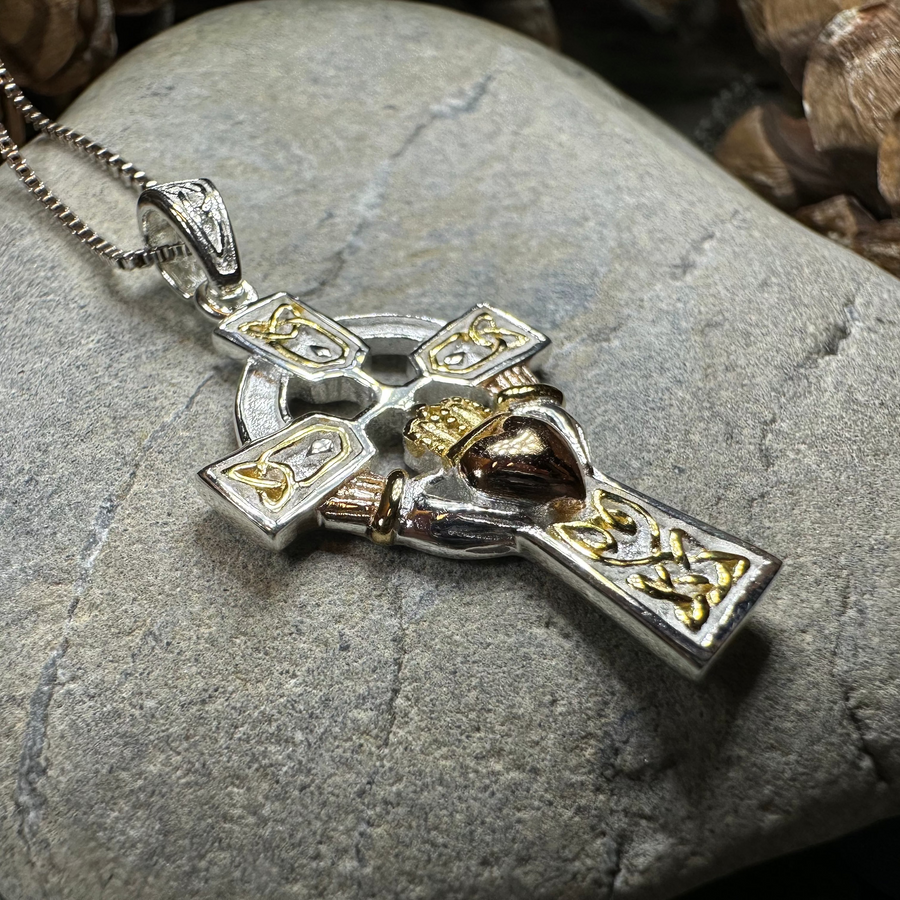 Tri-Color Irish Claddagh Cross Necklace