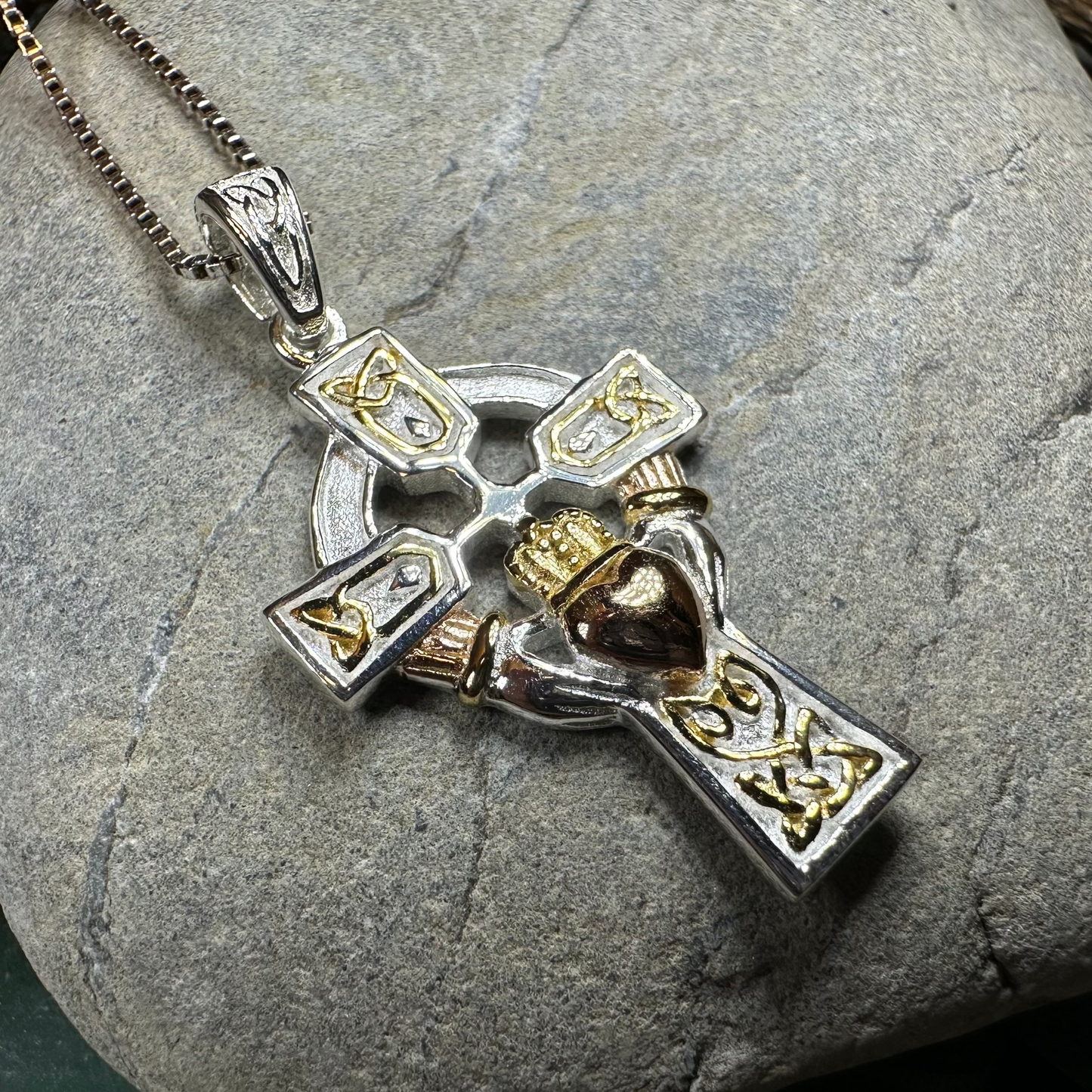Tri-Color Irish Claddagh Cross Necklace — view 2