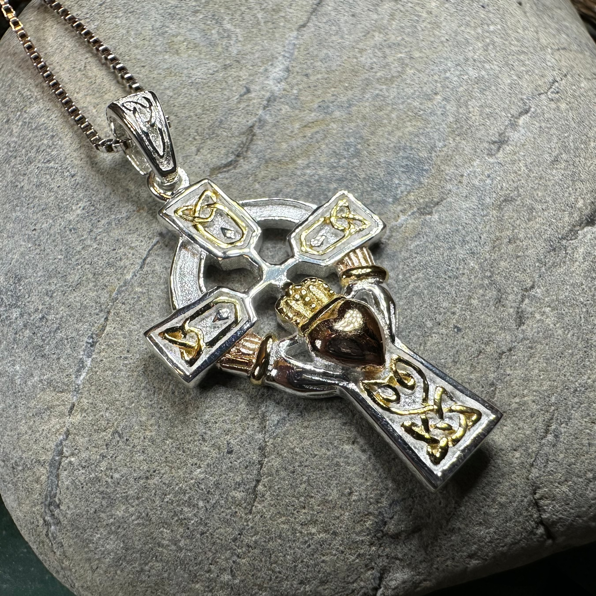 Tri-Color Irish Claddagh Cross Necklace — view 2