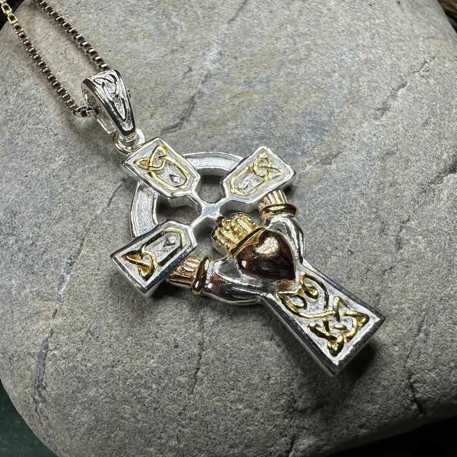 Tri-Color Irish Claddagh Cross Necklace