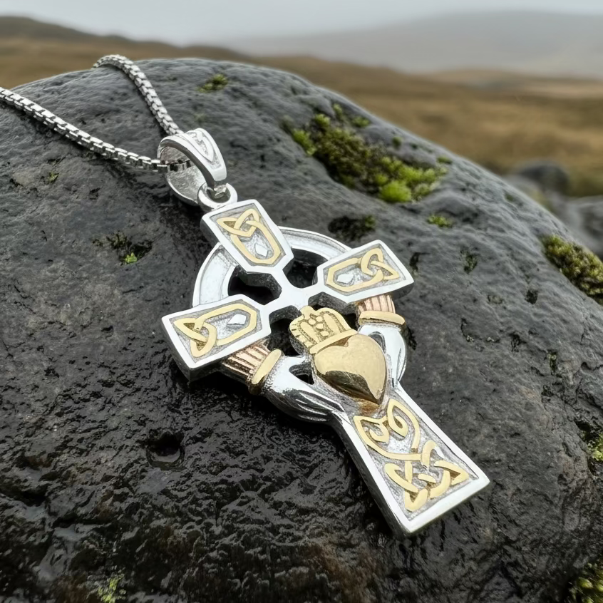 Tri-Color Irish Claddagh Cross Necklace