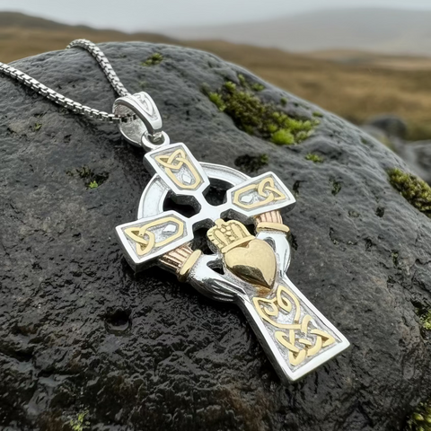 Load image into Gallery viewer, Tri-Color Irish Claddagh Cross Necklace

