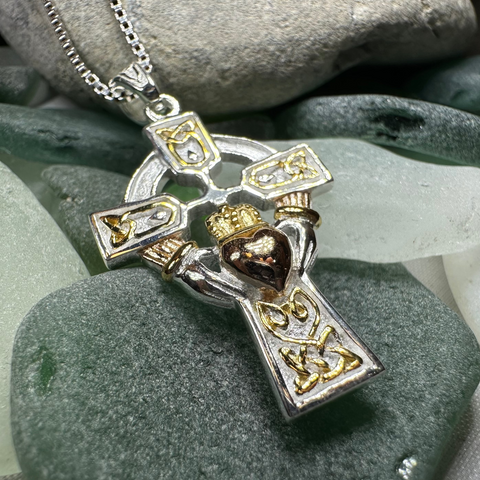 Load image into Gallery viewer, Tri-Color Irish Claddagh Cross Necklace
