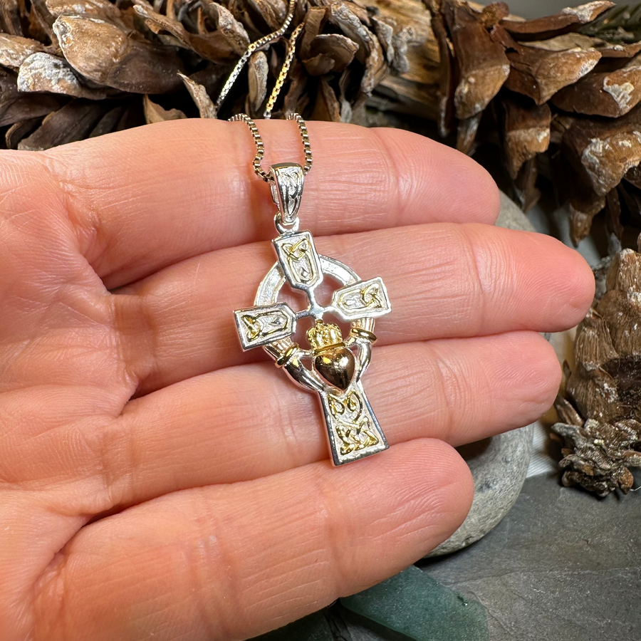 Tri-Color Irish Claddagh Cross Necklace
