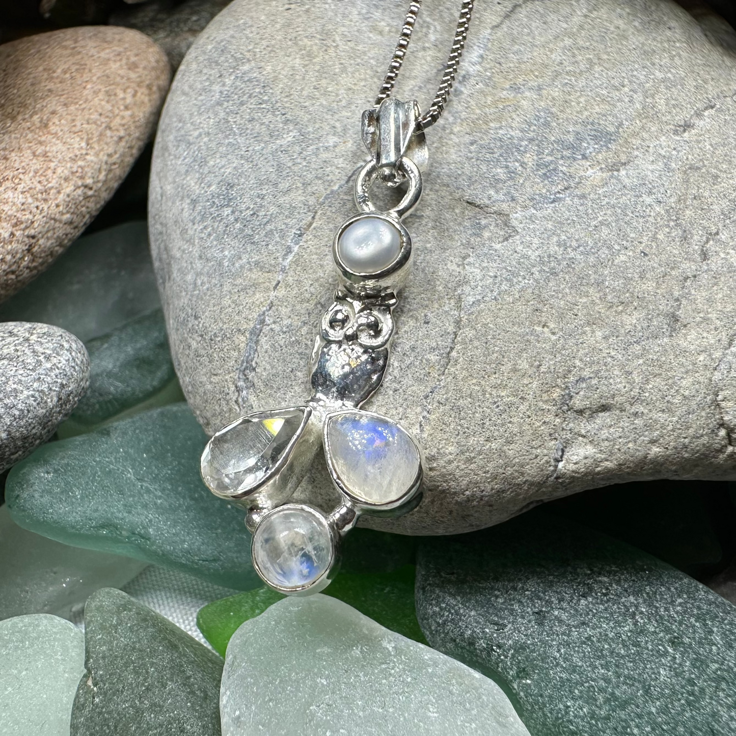 Misty Morning Moonstone Owl Necklace — view 7