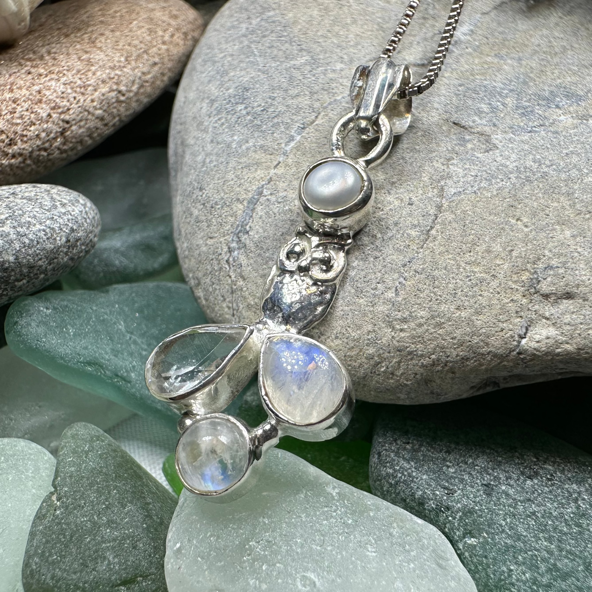 Misty Morning Moonstone Owl Necklace — view 4