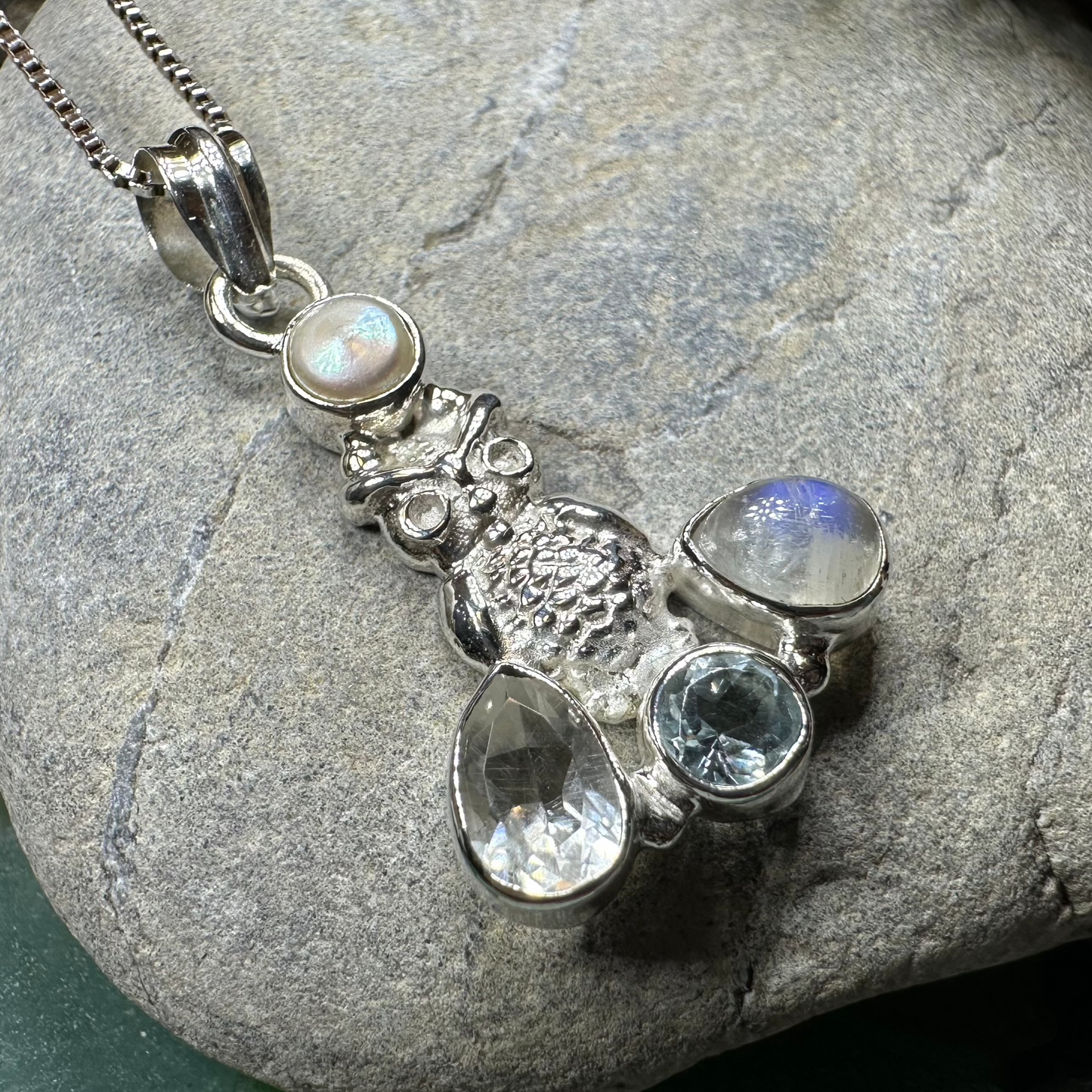 Misty Morning Moonstone Owl Necklace — view 11