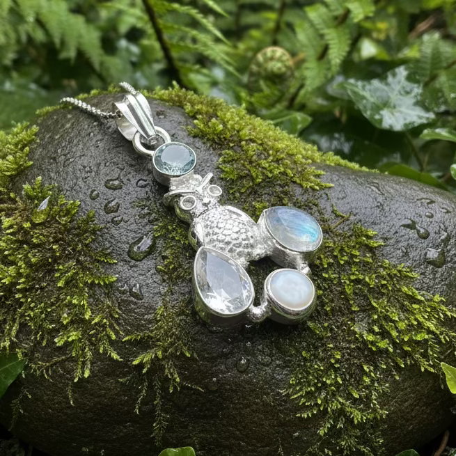 Misty Morning Moonstone Owl Necklace in sterling silver