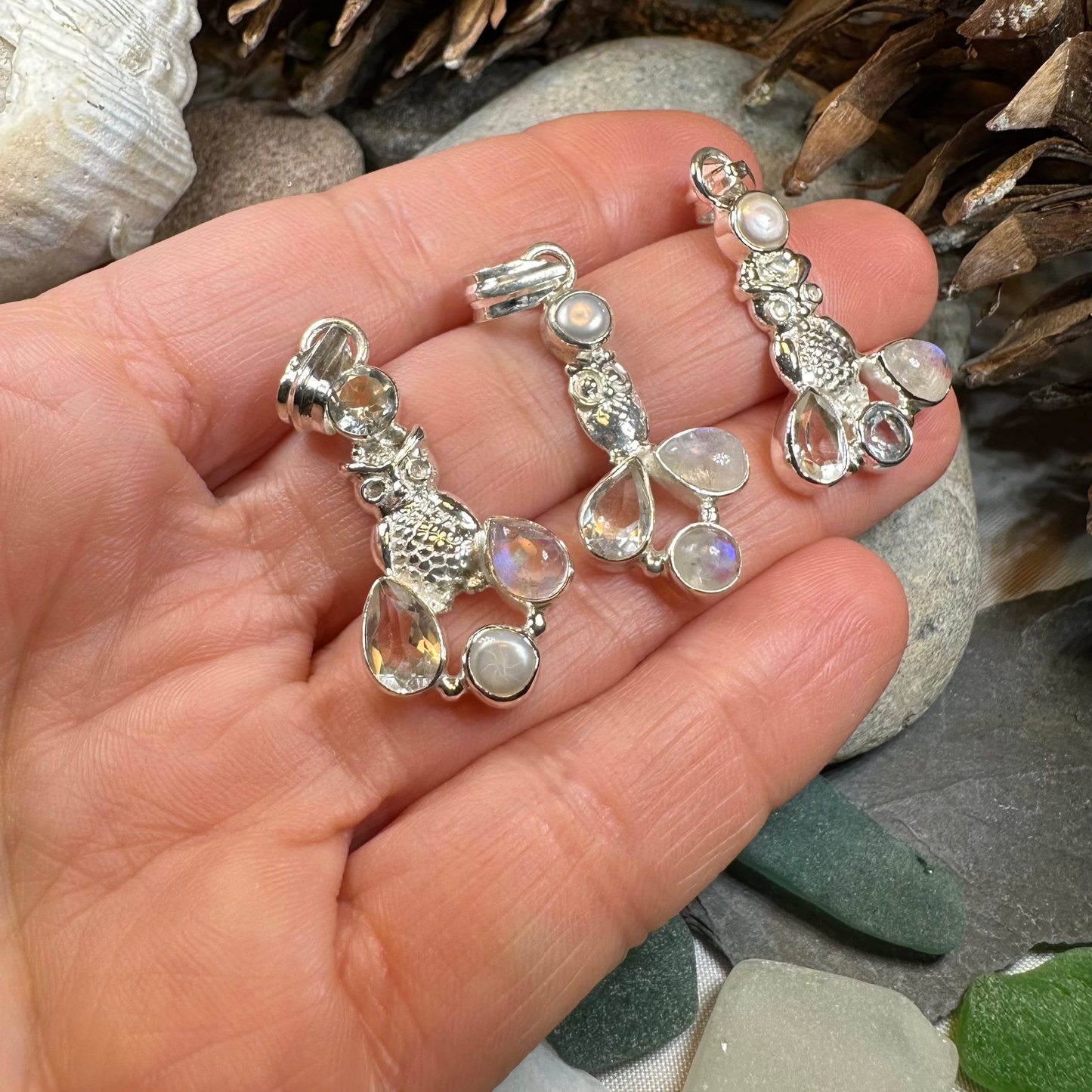Misty Morning Moonstone Owl Necklace — view 5