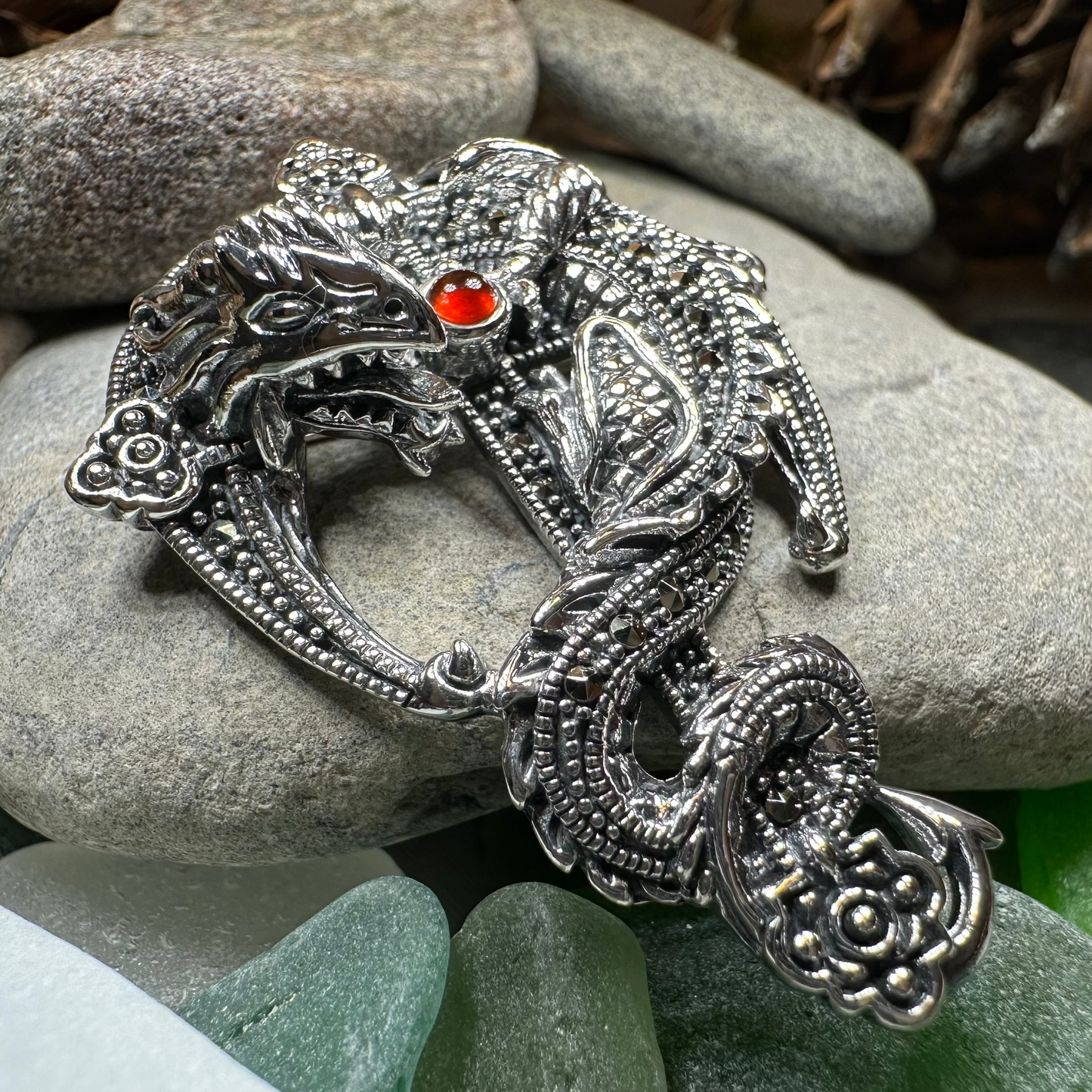 Zyrinx Marcasite Dragon Brooch in Sterling Silver