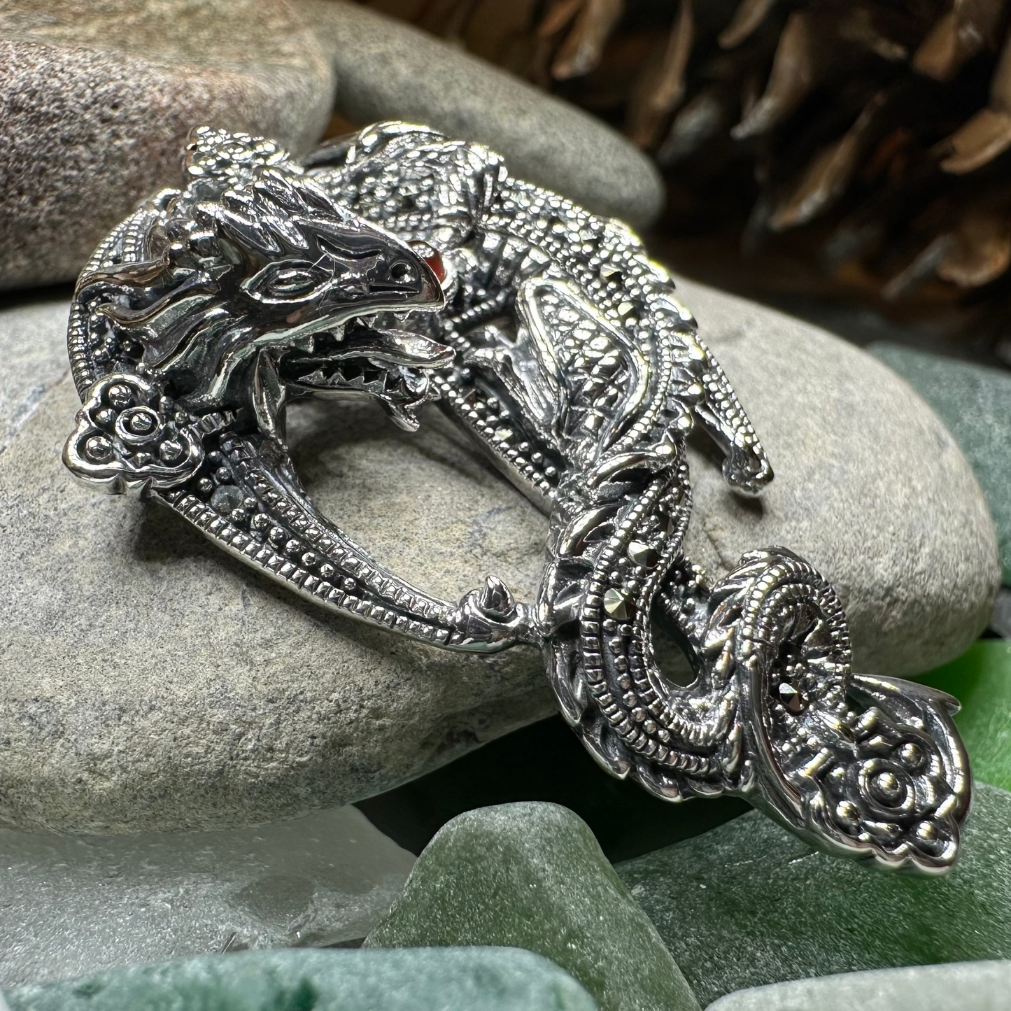 Zyrinx Marcasite Dragon Brooch in Sterling Silver