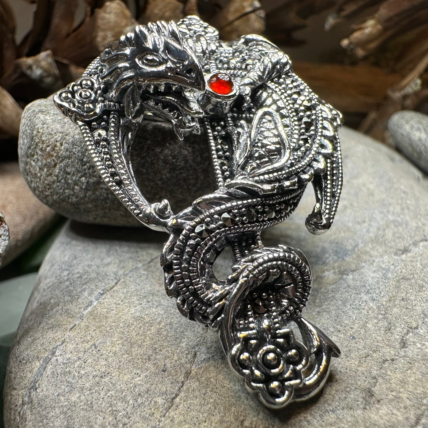 Zyrinx Marcasite Dragon Brooch in Sterling Silver