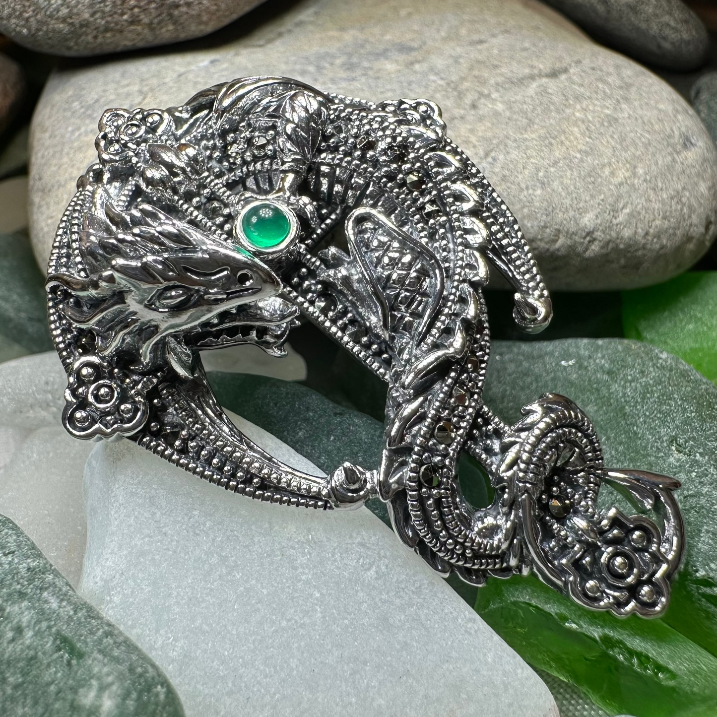 Zyrinx Marcasite Dragon Brooch in Sterling Silver